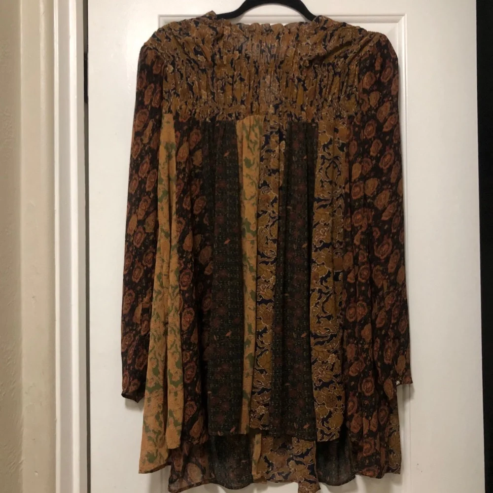 Free People Merrie Mixed Print Tunic Top Long Sleeve Smocked Boho Small